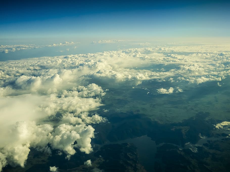 clouds, landscape, aircraft, sky, nature, fly, blue sky, mountains HD wallpaper