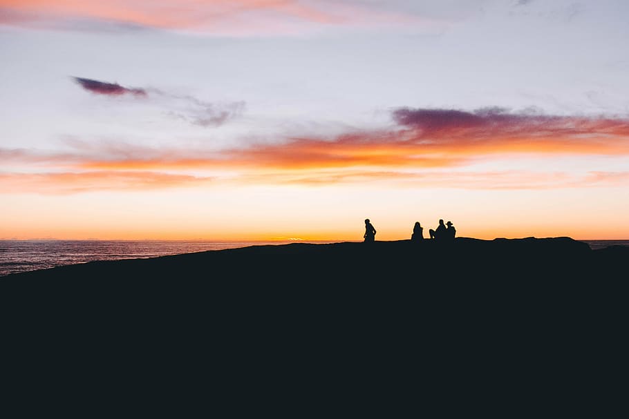 clouds, crowd, dawn, dusk, group, hill, nature, people, silhouette HD wallpaper