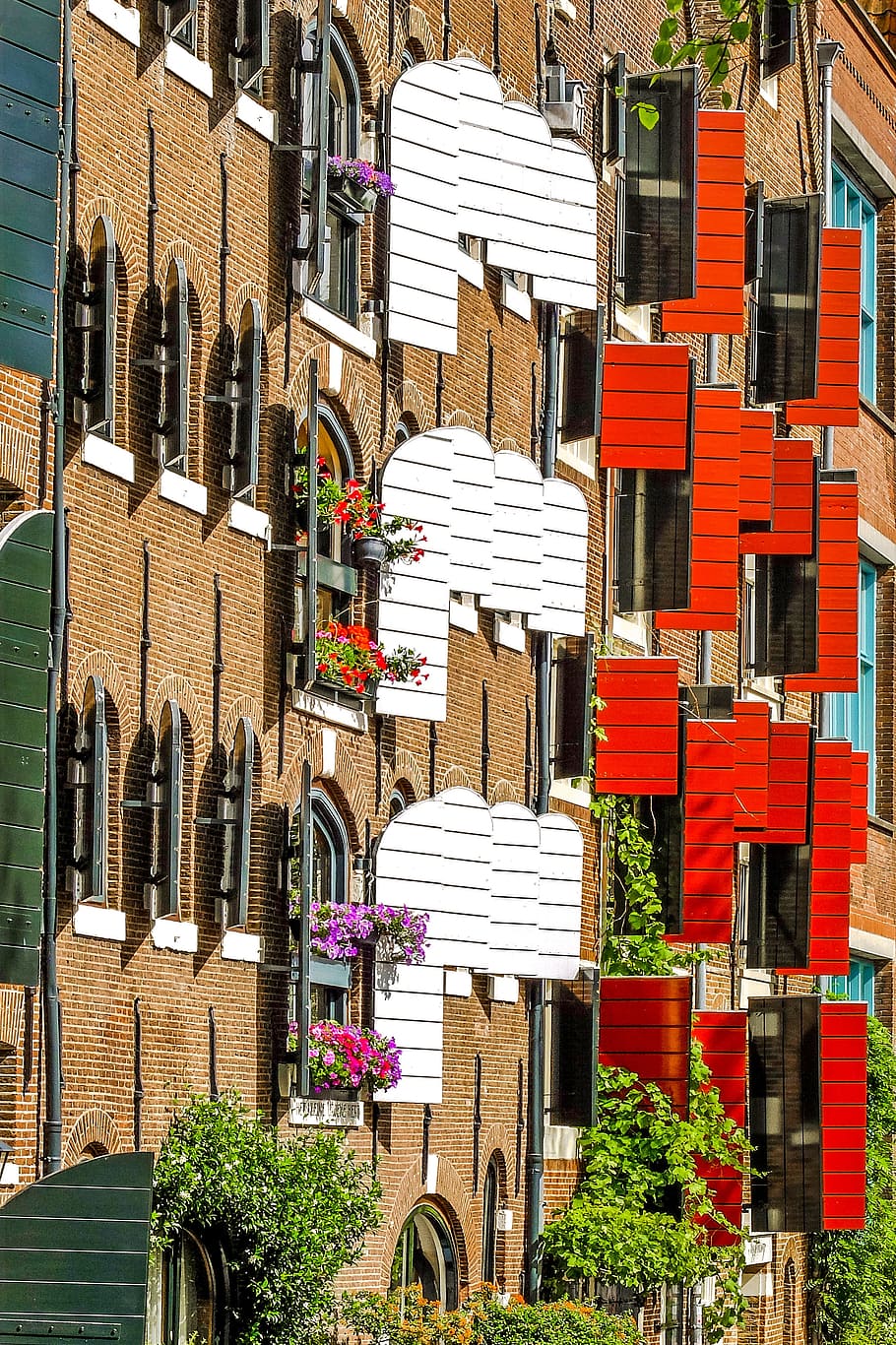 home, house, facade, brick, shutter, colorful, amsterdam, netherlands HD wallpaper