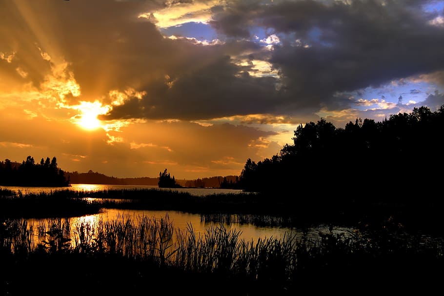 sunset, lake, clouds, landscape, twilight, nature, québec HD wallpaper