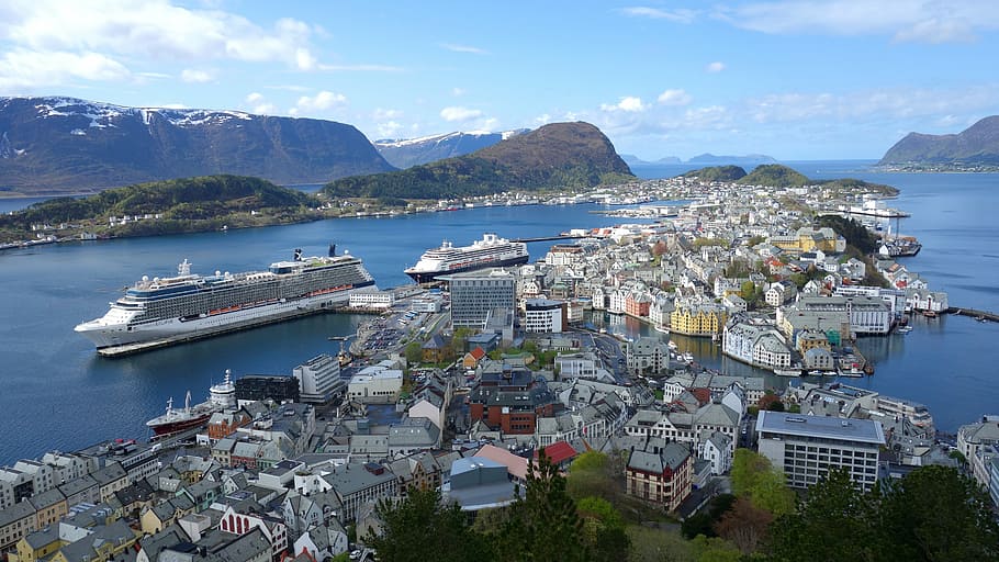 aerial photograph of cityscape on body of water, alesund, norway, HD wallpaper