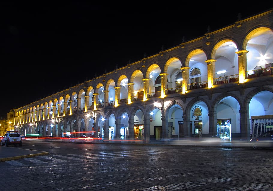 main square, arcade, arequipa, peru, night, illuminated, architecture HD wallpaper