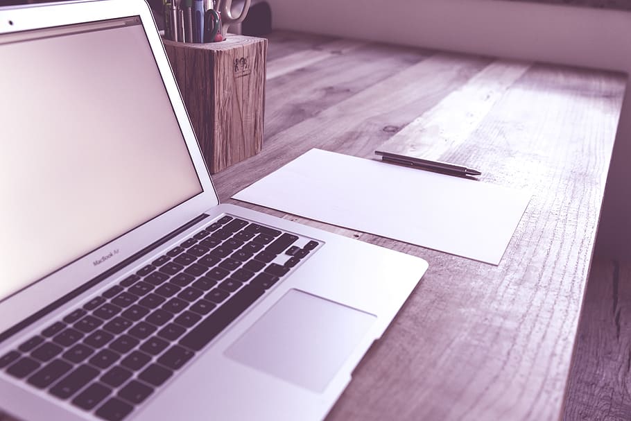 MacBook Air near white blank paper and click pen, coder, computer HD wallpaper