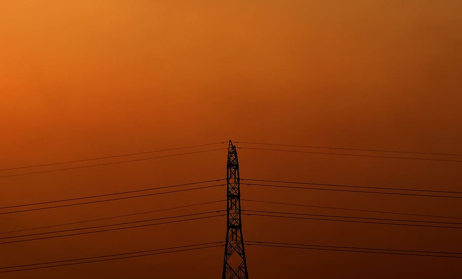 tower, electricity, evening, orange, power, energy, sky, cable HD wallpaper