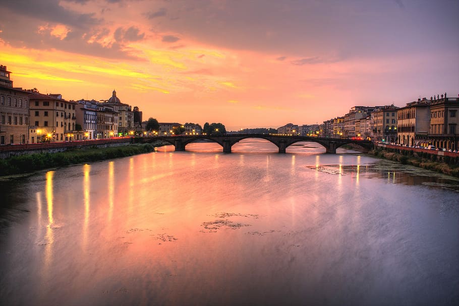 gray concrete bridge, bridge connecting two cities, city, sunset HD wallpaper