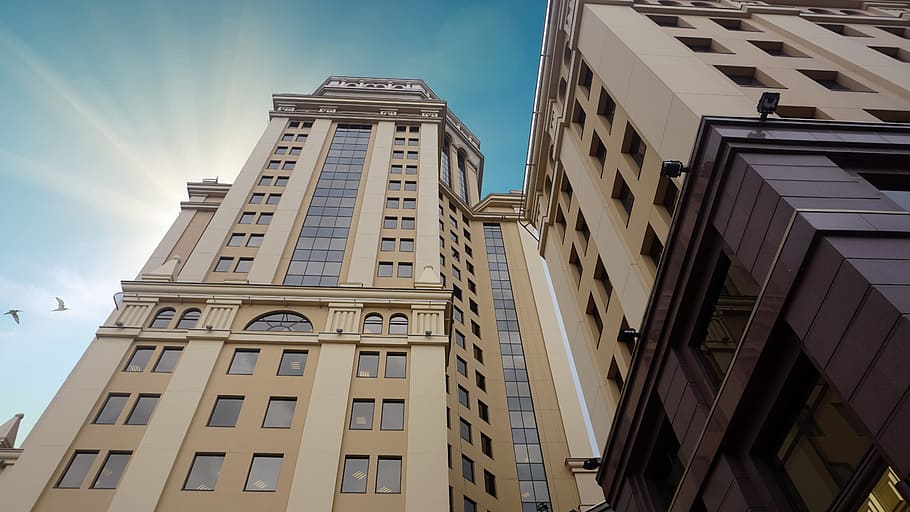 sun, building, architecture, sky, city, urban, business, modern HD wallpaper