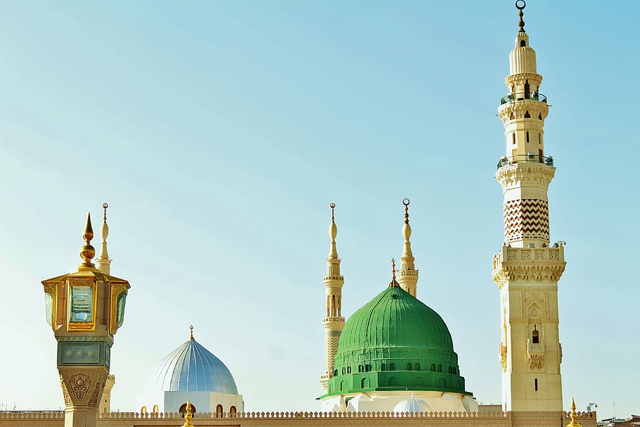 green and beige painted pointed building, religious, muhammad, HD wallpaper