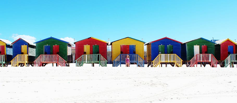 assorted colored beach wooden cottages, muizenberg, cape town, HD wallpaper