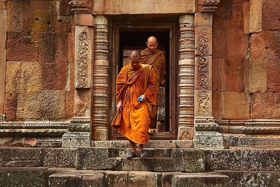 Two Monk in Orange Robe Walking Down the Concrete Stairs, ancient HD wallpaper