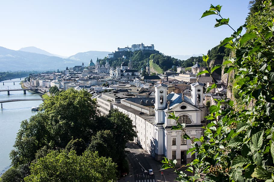 white and black cathedral, salzburg, austria, old town, mönchberg, HD wallpaper