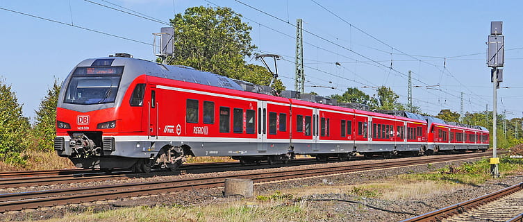 red and gray train on railway, electrical multiple unit, double unit HD wallpaper