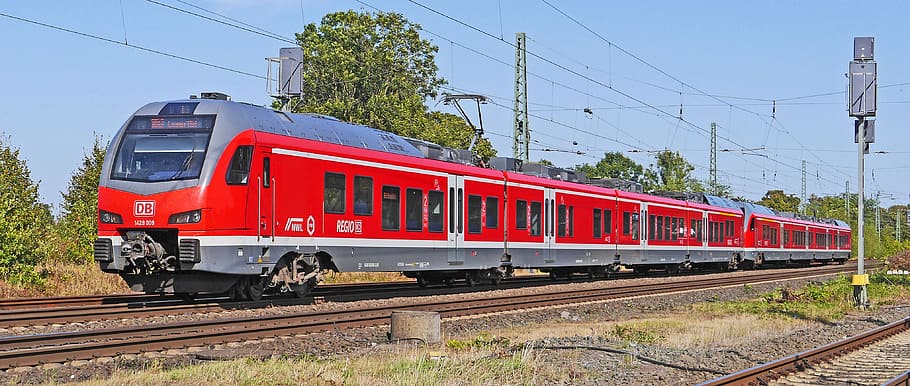 red and gray train on railway, electrical multiple unit, double unit HD wallpaper