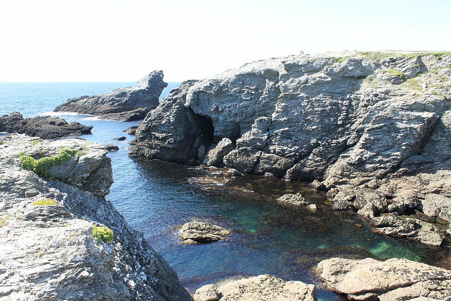 cliffs, brittany, side, water, rock, sky, beauty in nature HD wallpaper