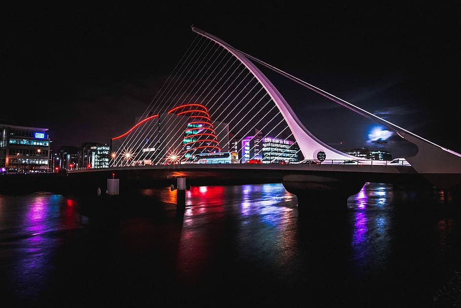 Dublin or Gotham?, white suspension bridge, city, night, long exposure