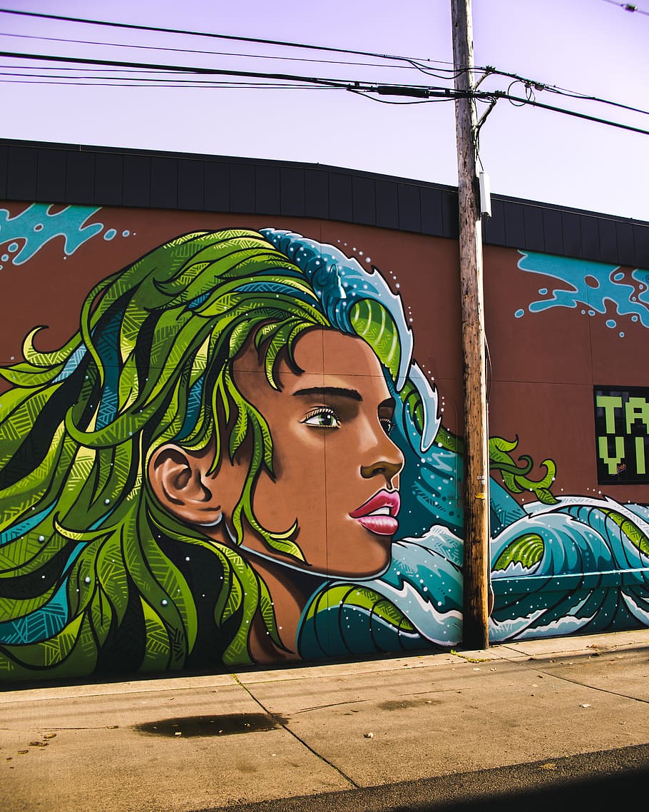 Woman With Blue and Green Haired Wall Painting, art, artistic HD wallpaper
