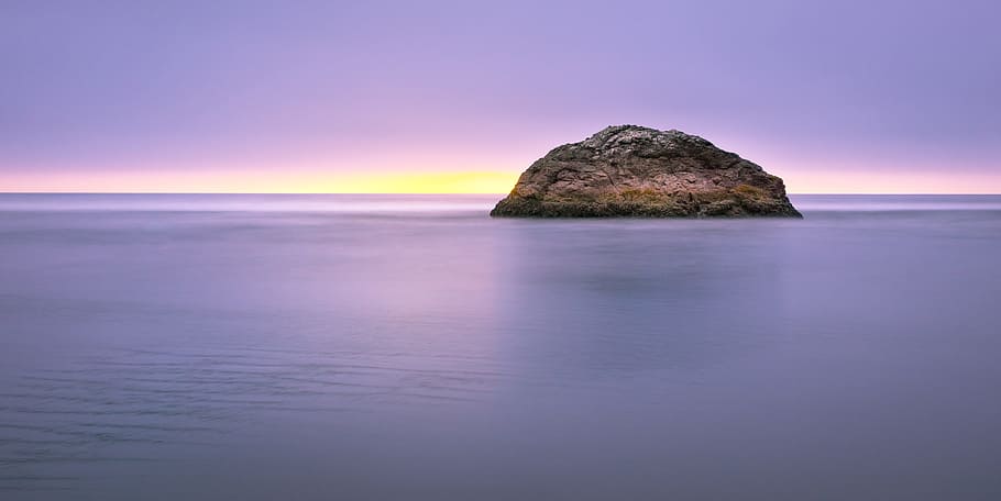 brown and green island on body of water, beach, dawn, dusk HD wallpaper