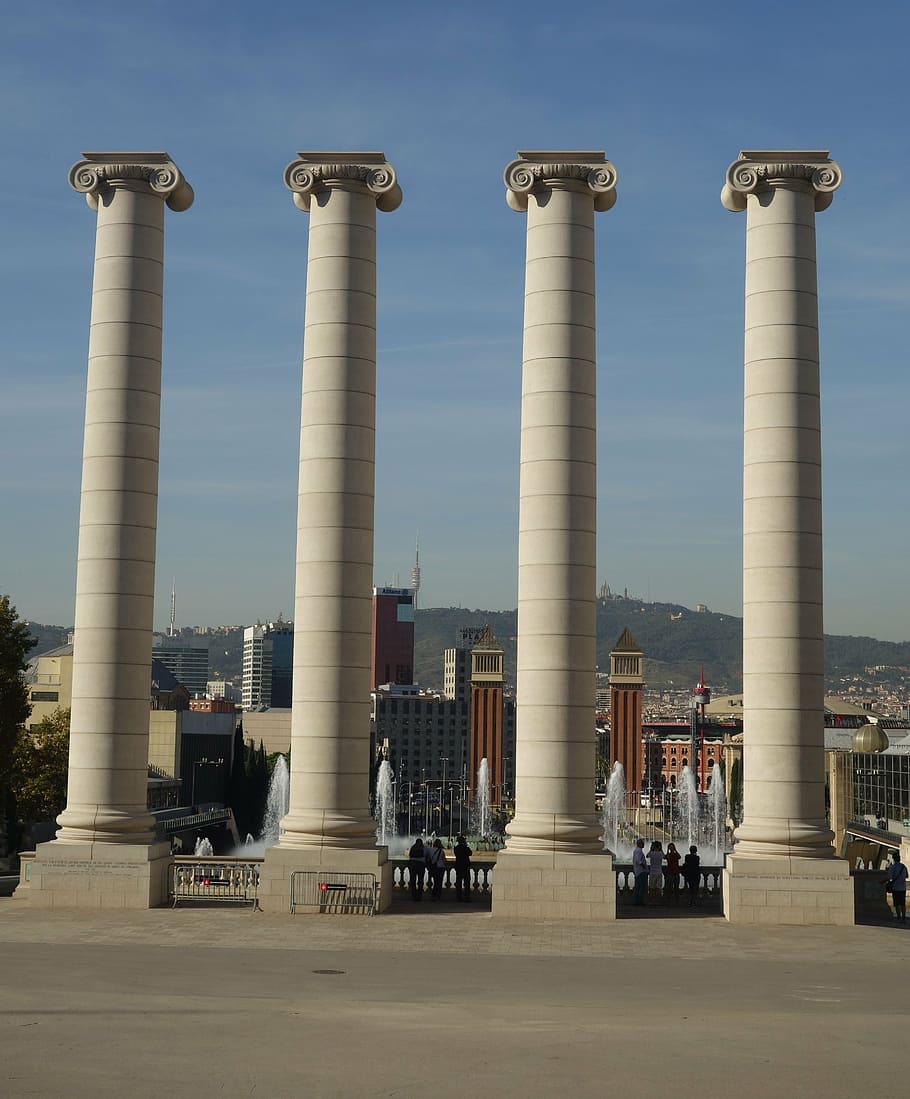 four gray concrete pillars, column, architecture, greek, marble HD wallpaper