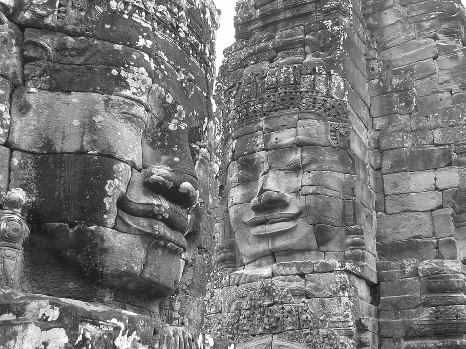 stone, faces, gray, temple, vietnam, angkor, history, ancient HD wallpaper