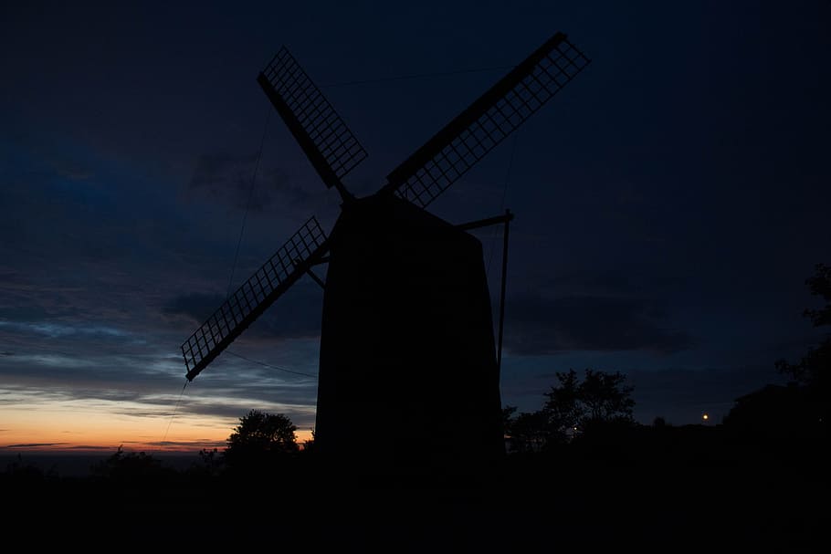 windmill, sunset, gotland, landscape, sky, nature, blue, old HD wallpaper