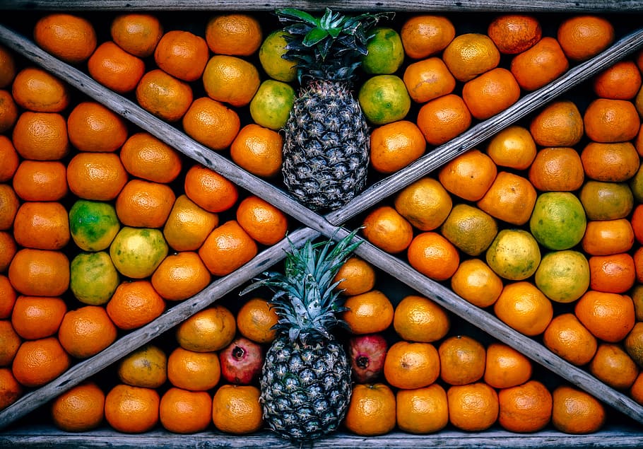 orange citrus fruit on gray frame, orange and pineapple fruits on fruit organizer HD wallpaper