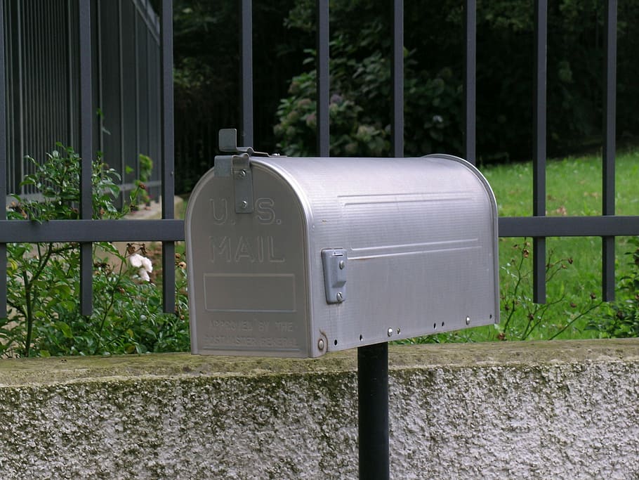mailbox, correspondence, public mailbox, metal, day, plant HD wallpaper