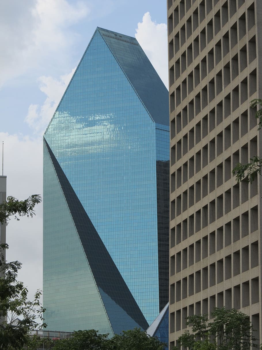 skyscrapers, glass facade, windows, reflection, design, buildings HD wallpaper