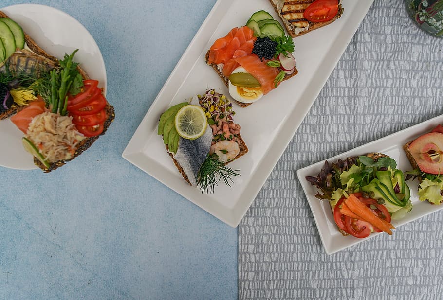 sliced foods on plate, three vegetable platters, flatlay, salad, HD wallpaper