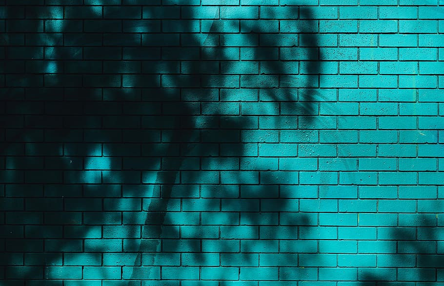 photo of teal brick wall, blue light, shadow, night, color HD wallpaper