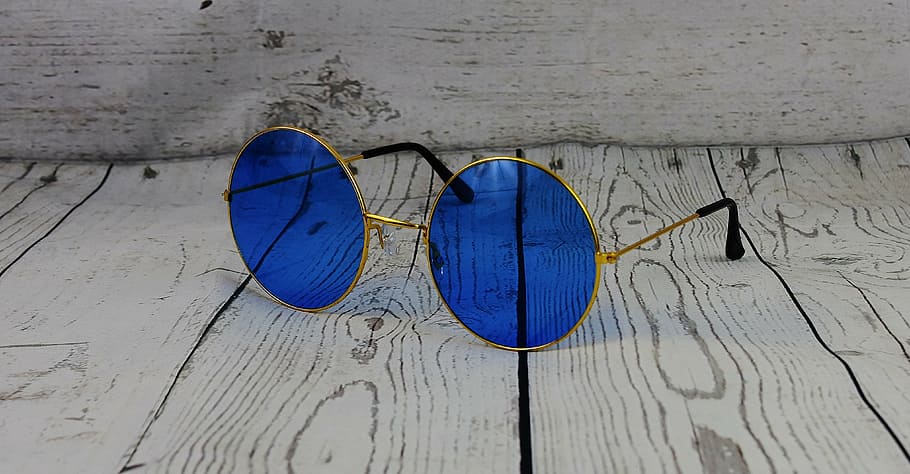 blue sunglasses with gold frames, sehhilfe, color, transparent, HD wallpaper