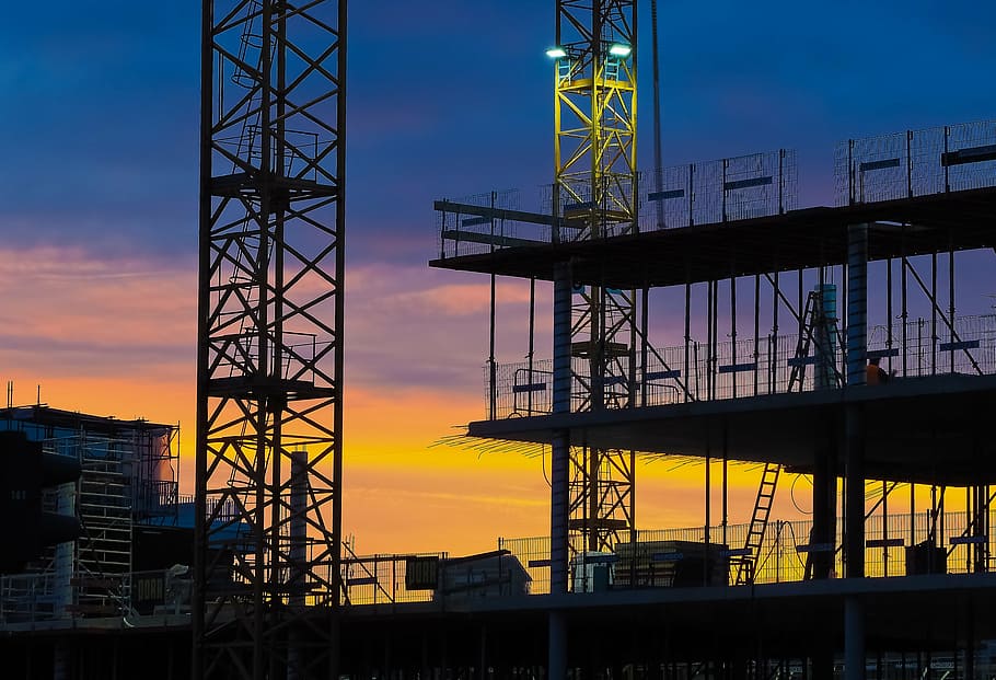construction cranes during sunset, site, abendstimmung, night photograph, HD wallpaper