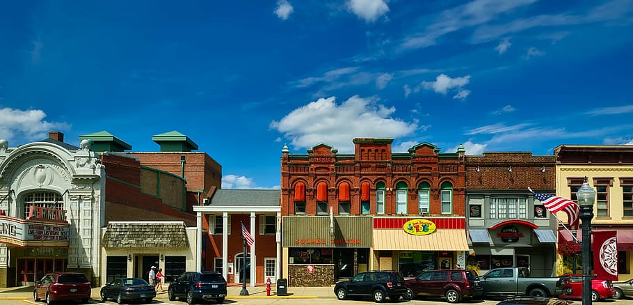 red concrete building under blue sky, baraboo, wisconsin, panorama, HD wallpaper