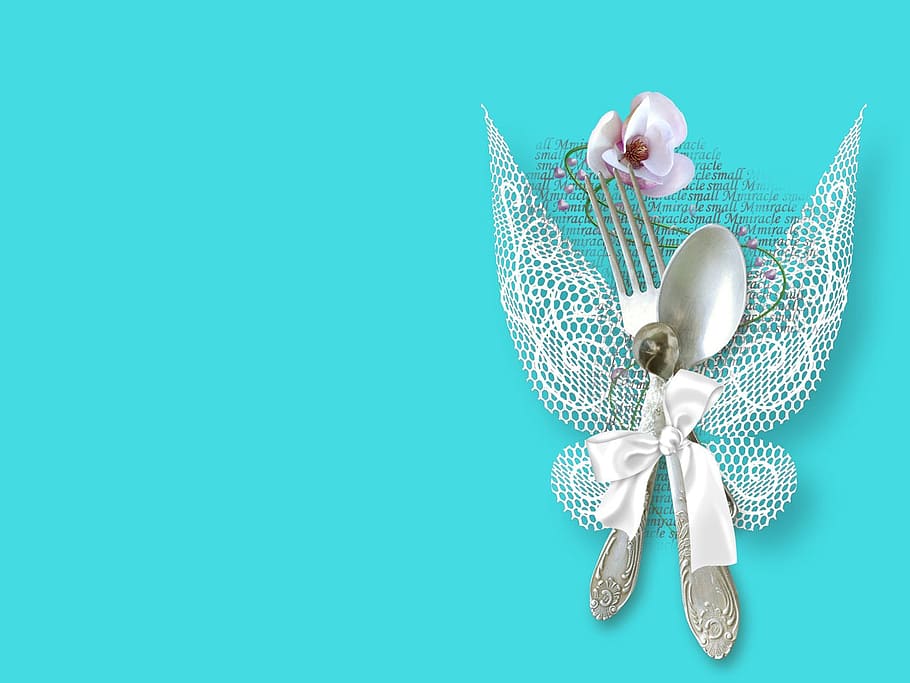 spoon and fork with white ribbon, silverware, wedding, wings HD wallpaper