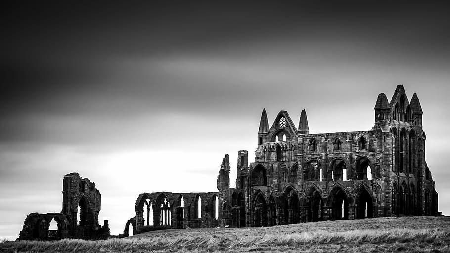 grayscale photography of ruins building, whitby abbey, goth, gothic