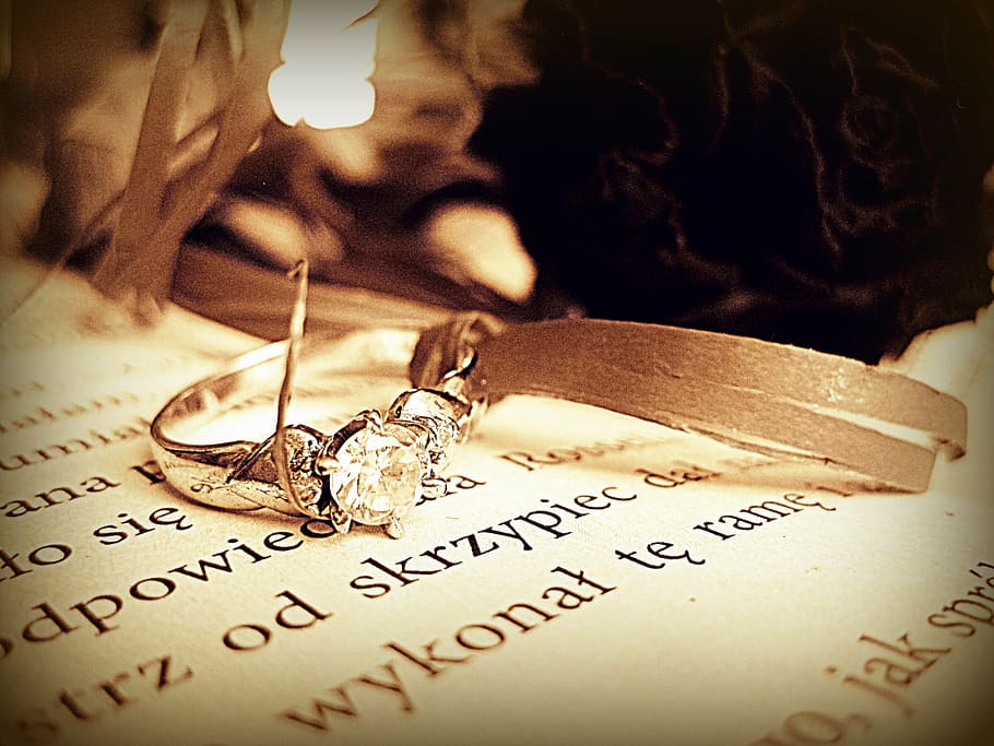 silver-colored clear gemstone ring on paper, diamond, jewelry HD wallpaper
