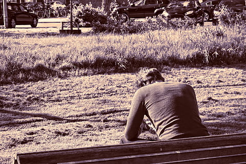 grayscale photography of man sitting on bench, person, solitary HD wallpaper