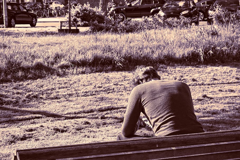 grayscale photography of man sitting on bench, person, solitary HD wallpaper