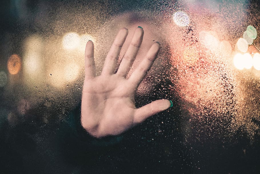 person showing right palm, selective focus photography of person holding clear glass window with moist, HD wallpaper