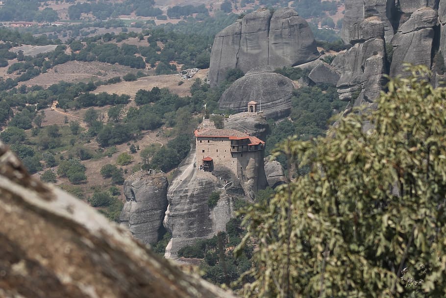 meteora, monastery, greece, cliff, mountain, built structure HD wallpaper