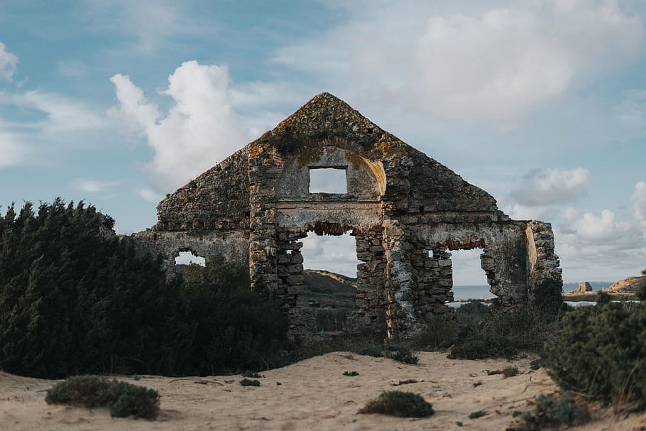 sea, ocean, water, tree, plant, sand, old, building, archaeological HD wallpaper