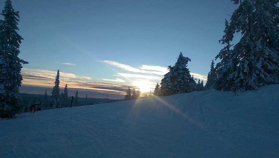 winter, sunset, blue sky, landscape, norway, trysil, coldness HD wallpaper