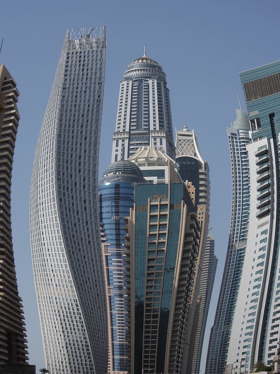 Skyscraper, Sky, Blue, Building, Dubai, city, buildings, fun HD wallpaper