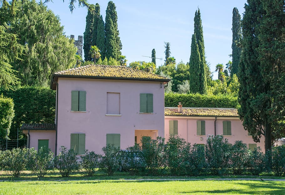 villa, italian, pink, sirmione, lake garda, nature, italy, garden, HD wallpaper