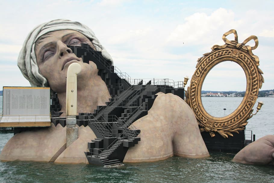 lake stage, bregenz, mirror, art, abstract, human, lake constance HD wallpaper