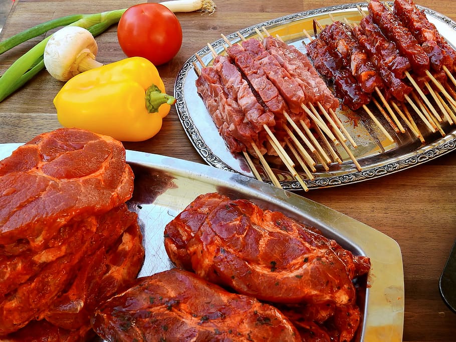 meat barbecue on table, raw, tasty, food, grill, grilled meats, HD wallpaper