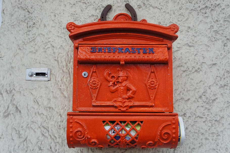 mailbox, old, red, metal, post, house entrance, blacksmithing, HD wallpaper