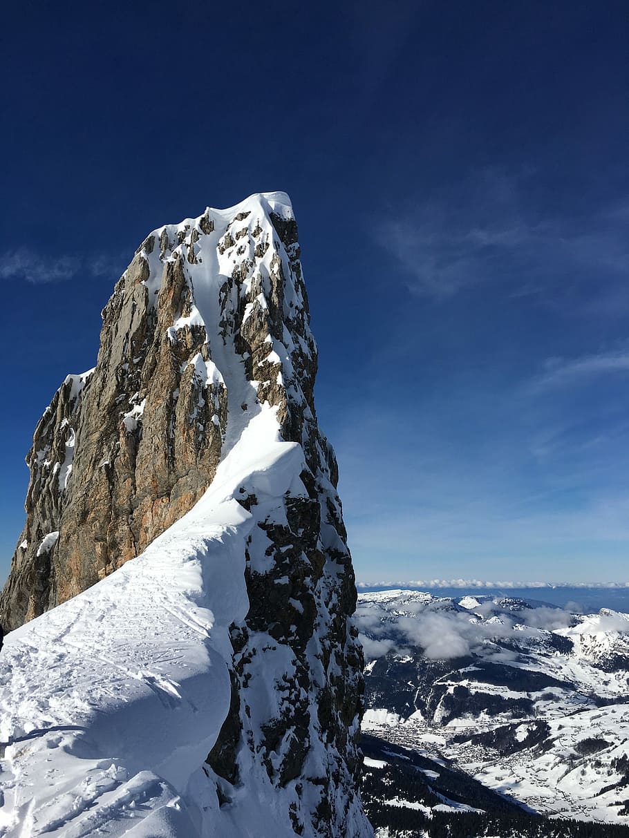 mountain covered with snow, rock, cliff, blue, winter, cold temperature HD wallpaper