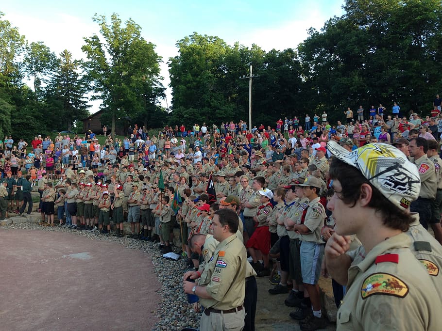 scouts, camp geiger, campfire, assembly, large group of people HD wallpaper
