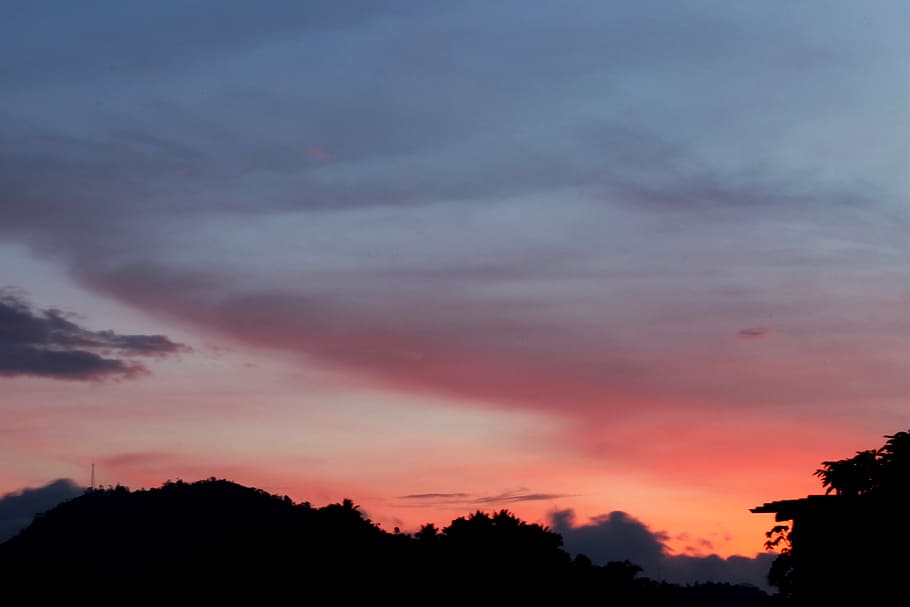 sunset, sunrise, sky, orange, blue, silhouette, clouds, horizon HD wallpaper