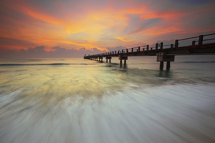 brown dock in body of water, beach, flow, landscape, nature HD wallpaper