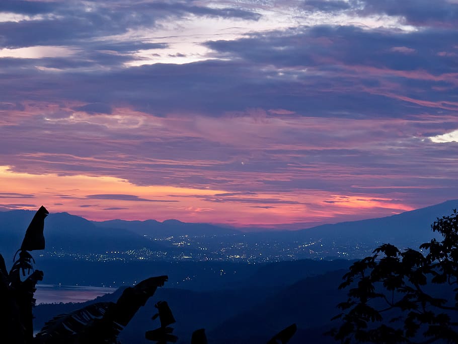 sunset, sky, clouds, nature, outside, city, lights, glow, country HD wallpaper